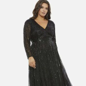 MAC DUGGAL Sequin V Neck Tea Length Tulle Midi Dress Size 22W